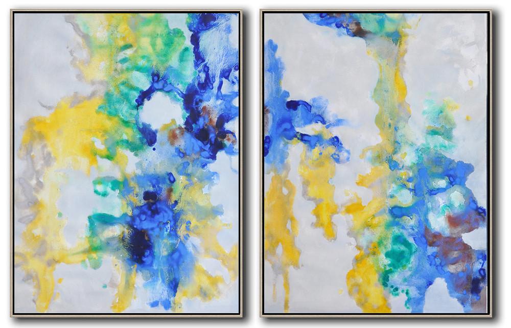 Large Abstract Art,Set Of 2 Abstract Oil Painting On Canvas,Acrylic Painting Wall Art,Grey,Yellow,Blue,Green.etc